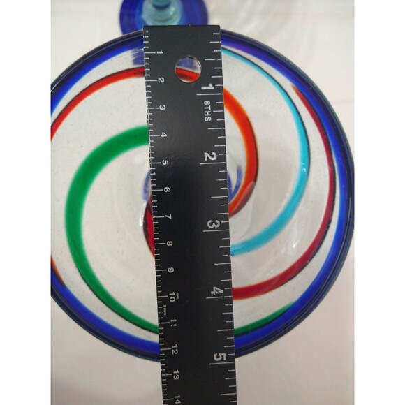 Set of 2 Hand Blown Art Margarita Cocktail Glasses Blue Red Green Swirl Thick - Picture 4 of 9